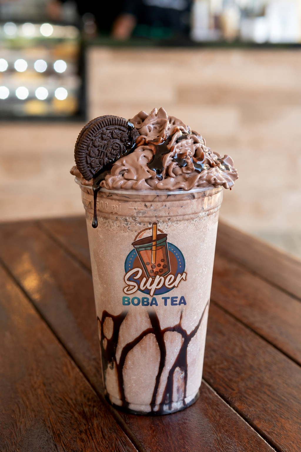 SuperBoba chocolate drink with the logo printed on its cup